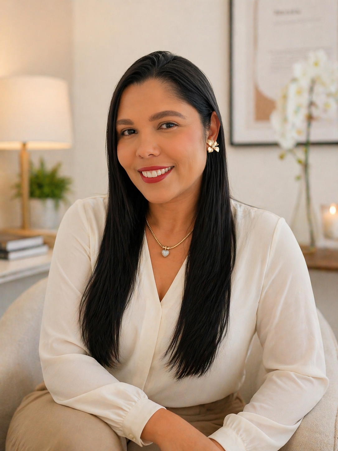 Maylla Moura, psicóloga clínica, sorrindo em ambiente acolhedor